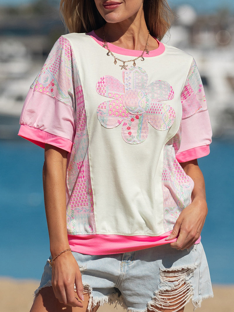 Dusty pink color block floral patchwork top shown on model