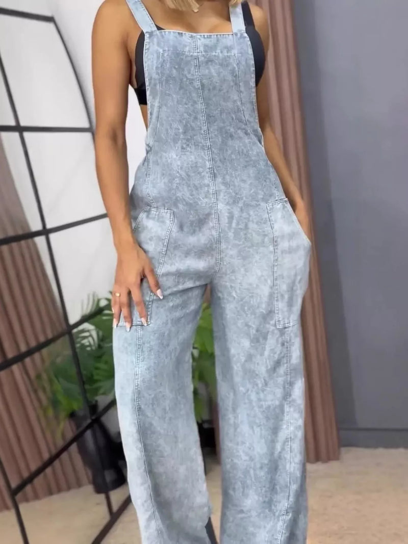 Vintage wash wide leg denim overalls plus size front view
