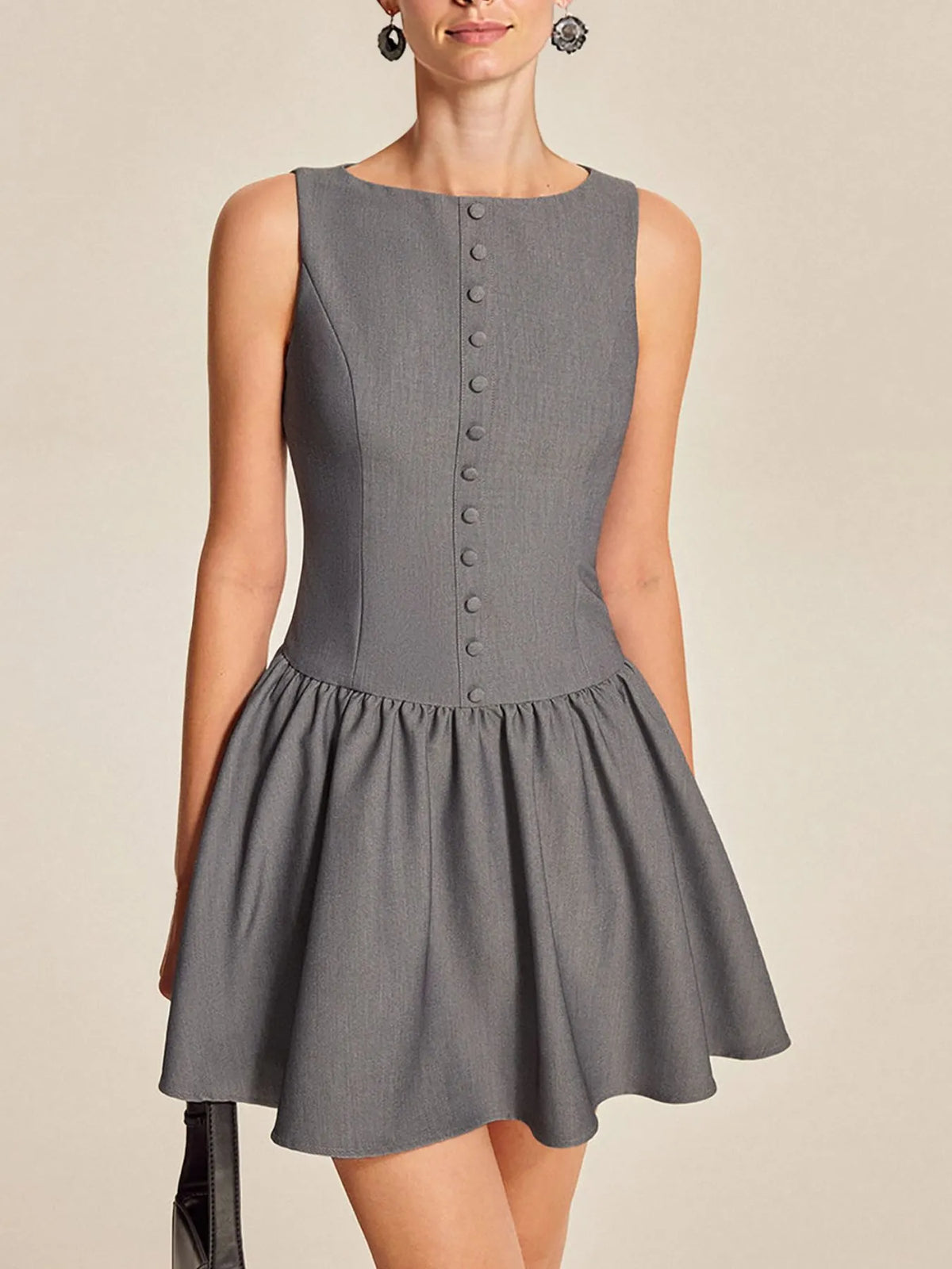 Round neck sleeveless ruffled mini dress front view
