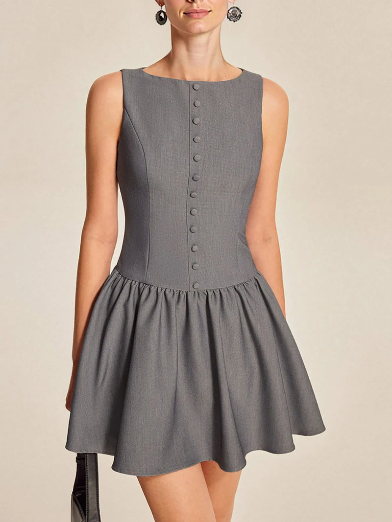 Round neck sleeveless ruffled mini dress front view