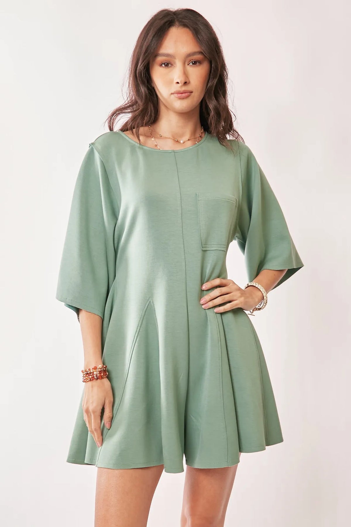 Sage green skort romper draped kimono sleeve detail