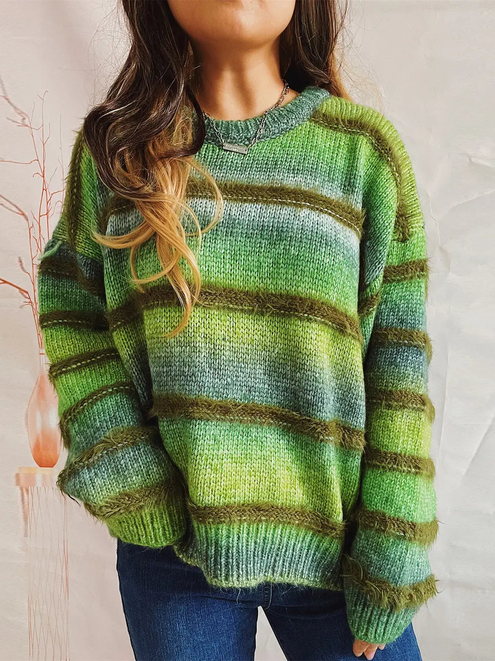 Striped Round Neck Long Sleeve Sweater Mid Green One Size - Fashorio