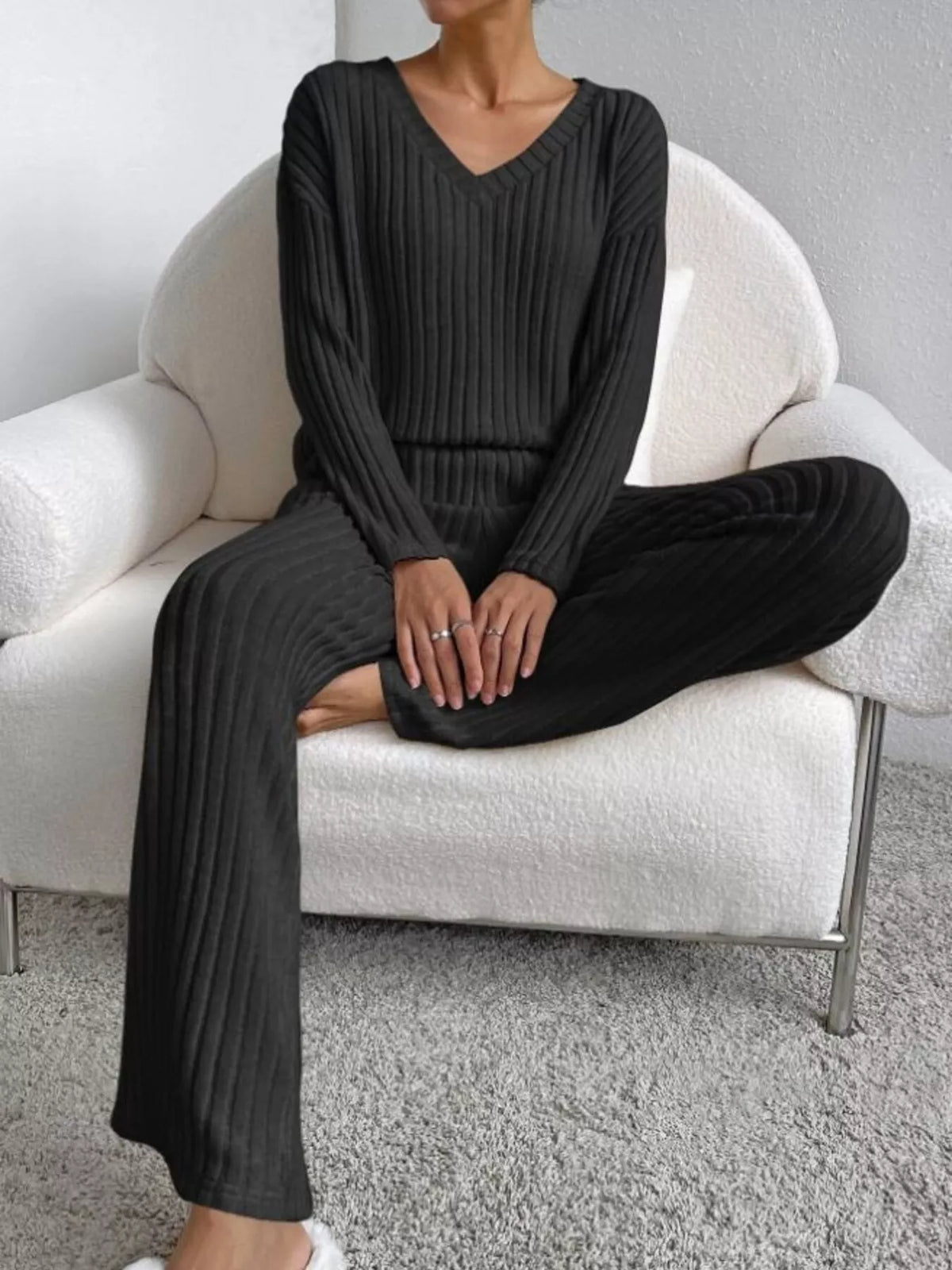 Ribbed Knit V Neck Top and Pants Set, view 6