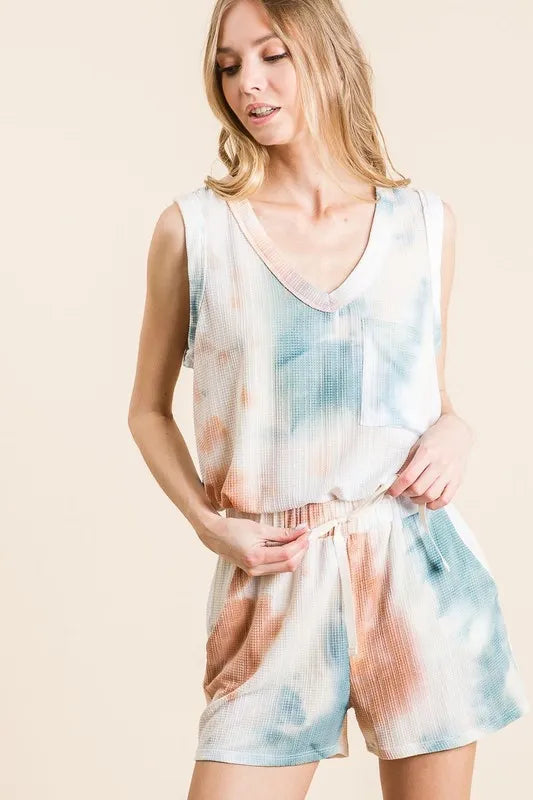 BiBi Tie Dye Textured Knit Top and Shorts Set - Fashorio