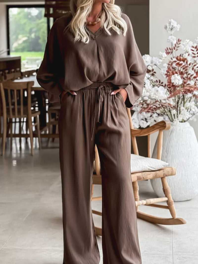 Dark brown braided v neck two piece set front view