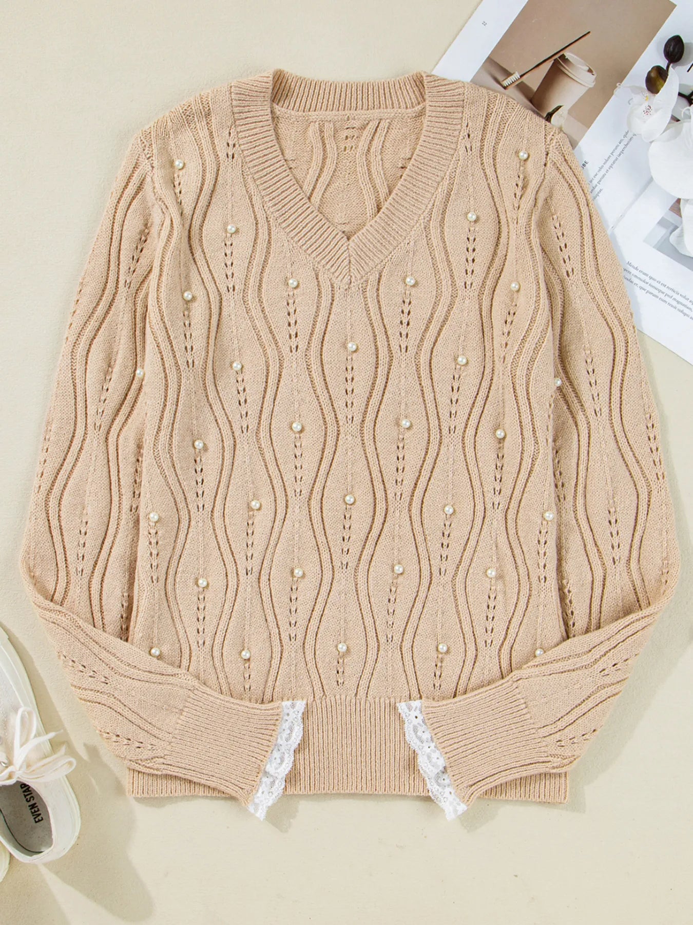 Pearl Beaded Pointelle Knit V Neck Lace Patchwork Sleeve Sweater - Fashorio