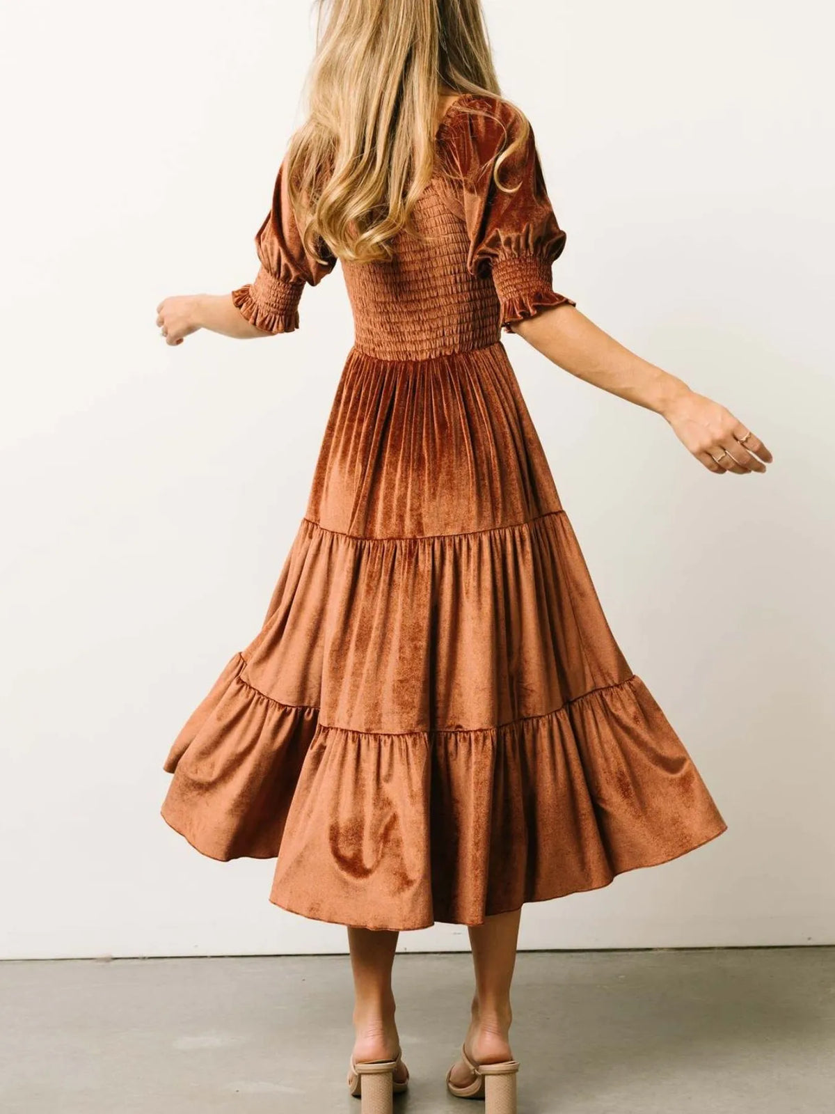 Smocked Half Sleeve Tiered Midi Dress hemline detail