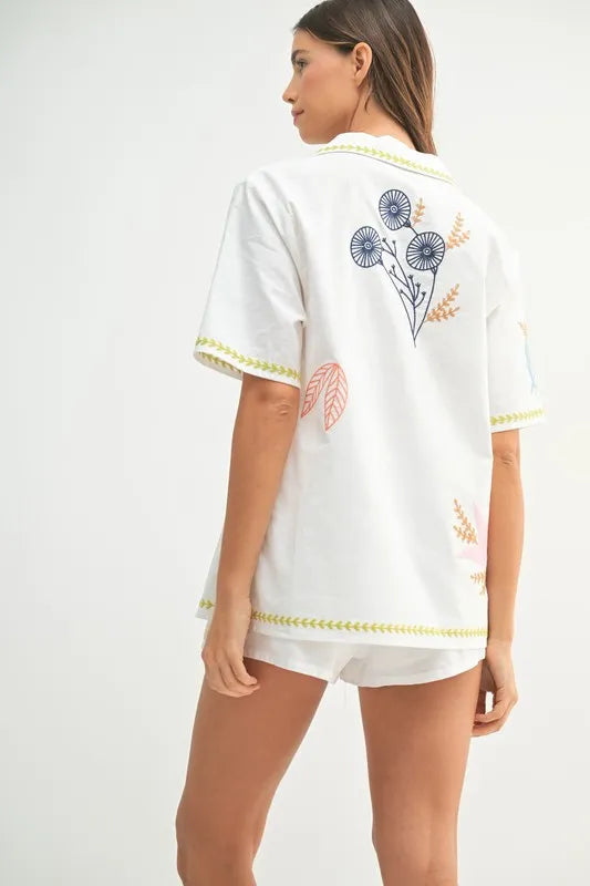 MABLE Embroidered Button Down Shirt and Shorts Set - Fashorio