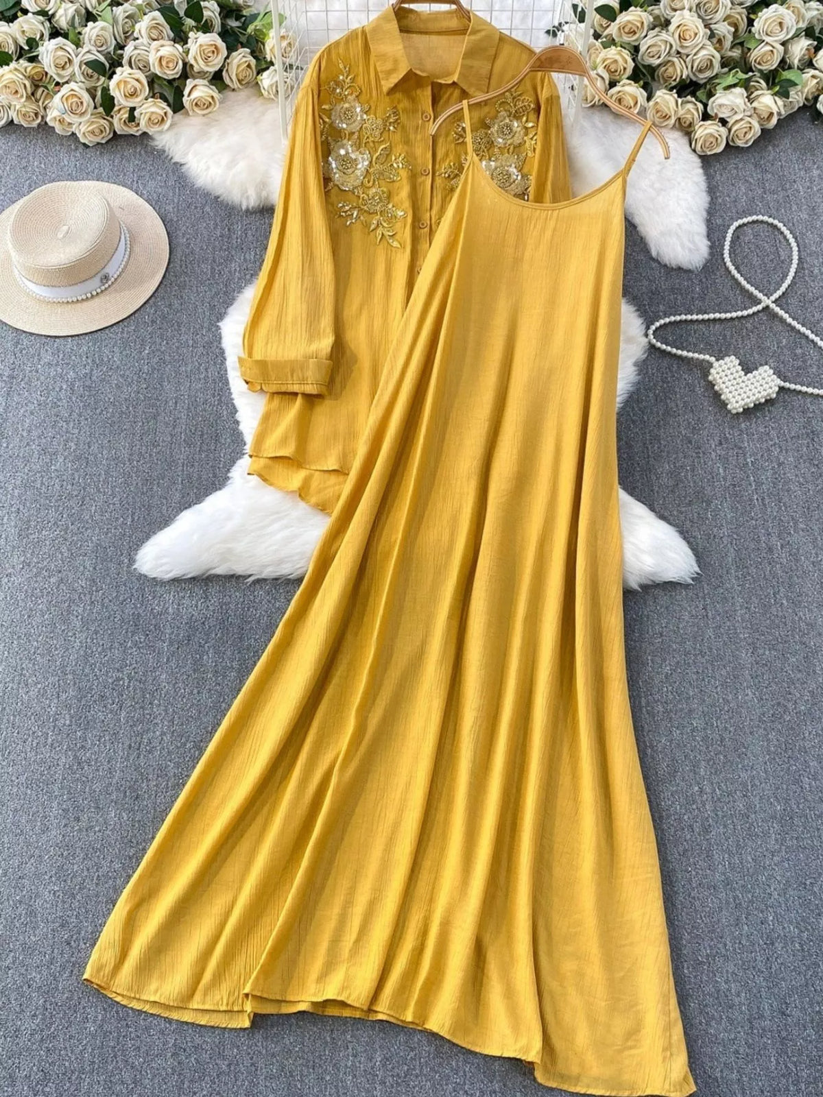 Sequin Flower Button Up Shirt and Cami Dress Set, view 13