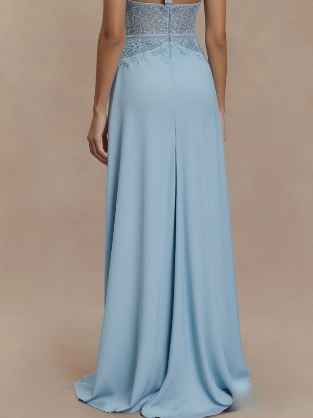 Halter neck lace trimmed maxi dress neckline detail