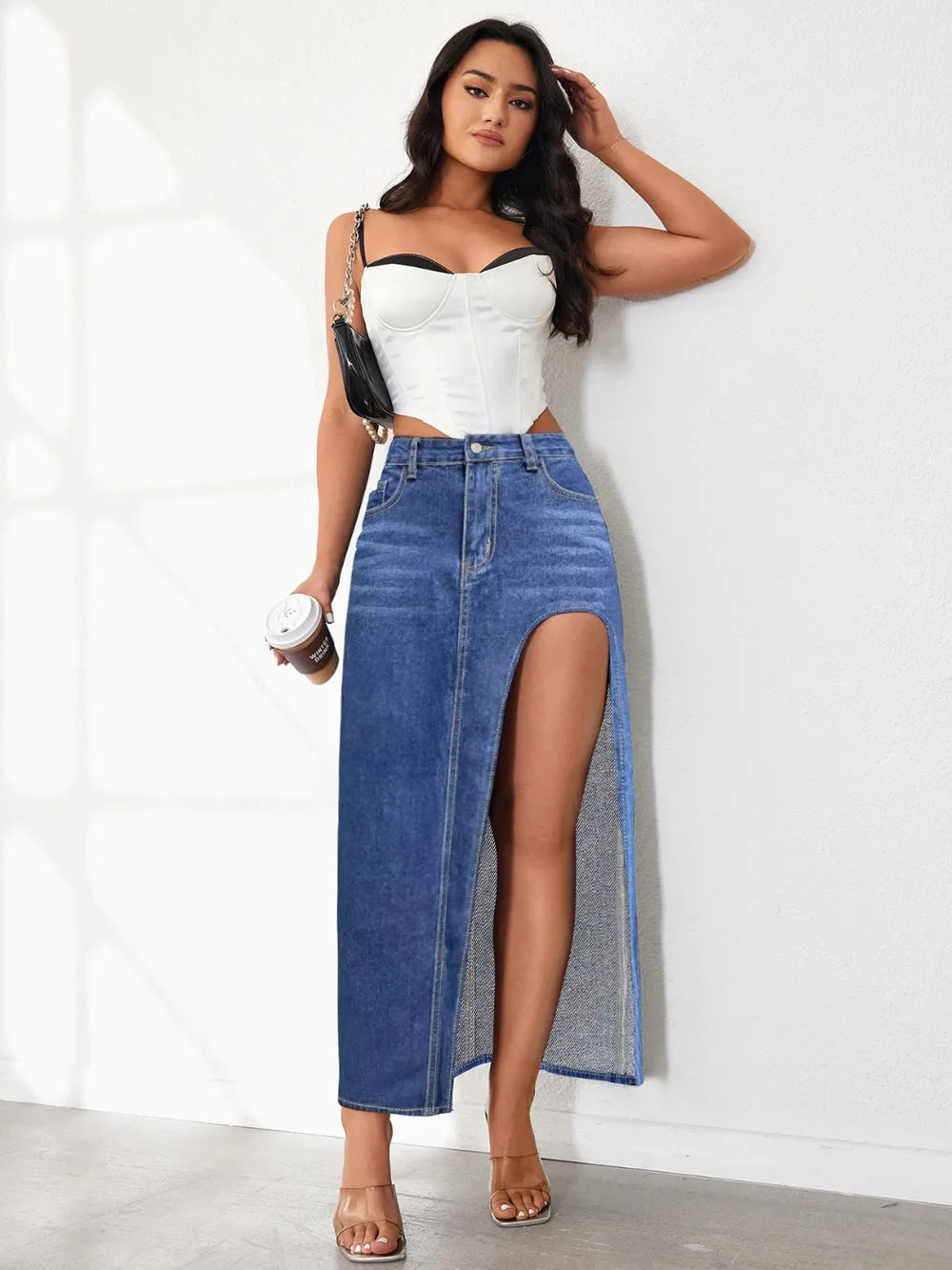 High rise denim skirt styled with top