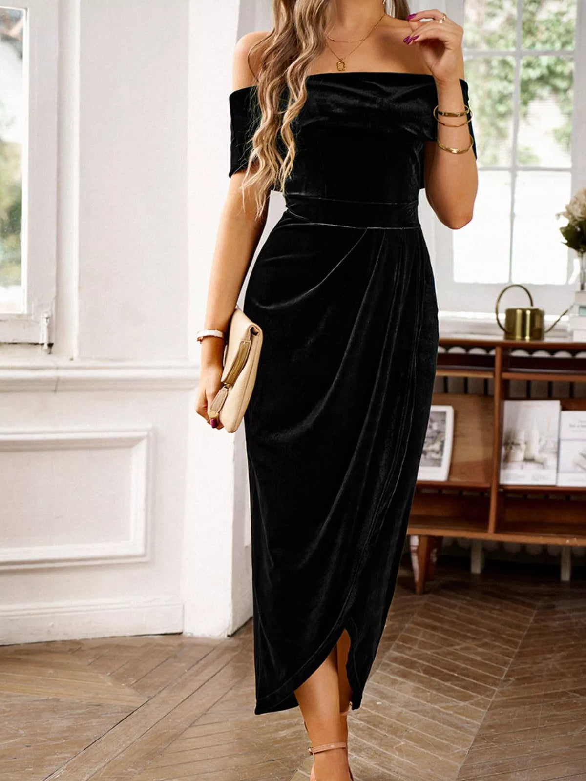 Velvet off shoulder ruched midi dress fabric detail