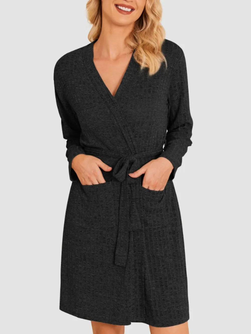 Tied Solid Lounge Nightgown with Pockets - Fashorio