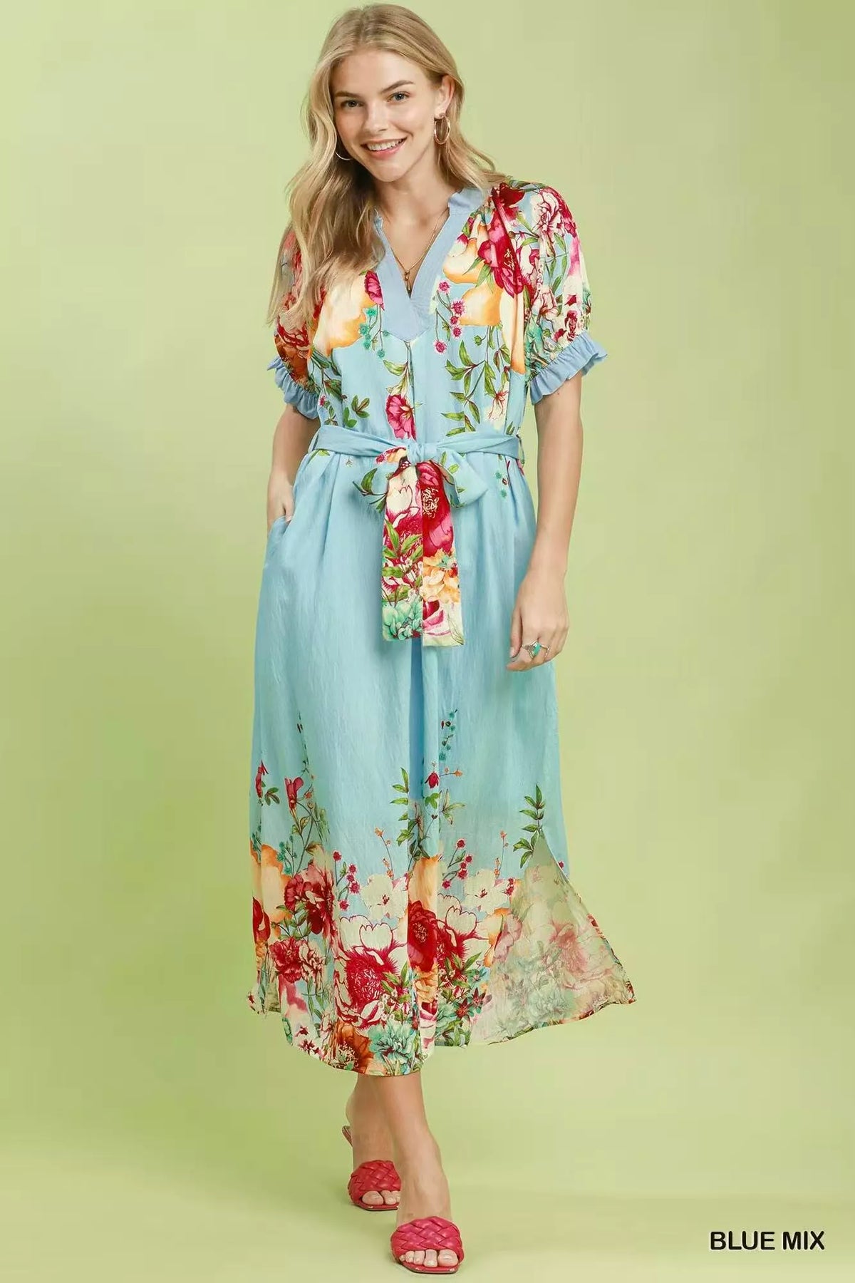 Umgee mixed floral border print midi dress in blue side view