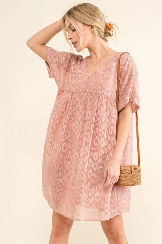 Woven Leopard Baby Doll Roll Sleeve Casual Dress detail