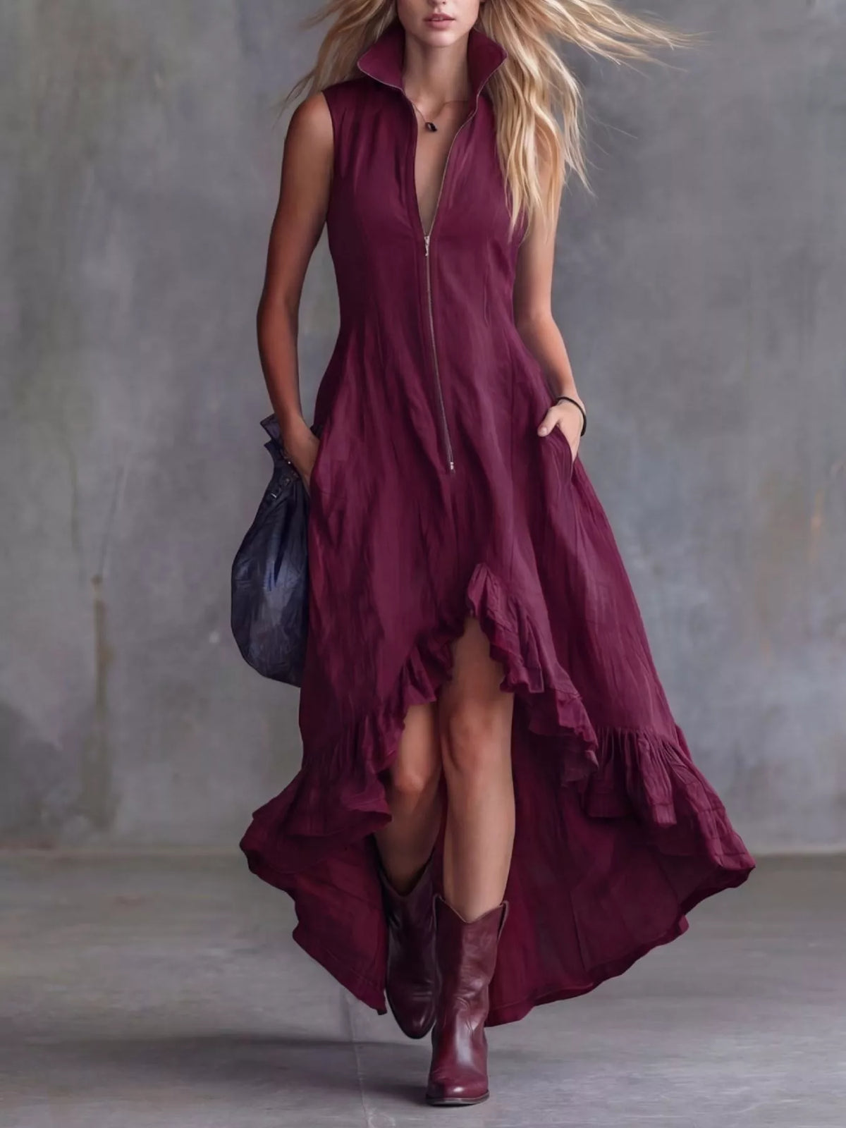 High low ruffled zip front dress front view