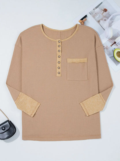 Waffle Textured Tunic Henley Top with Slits - Fashorio