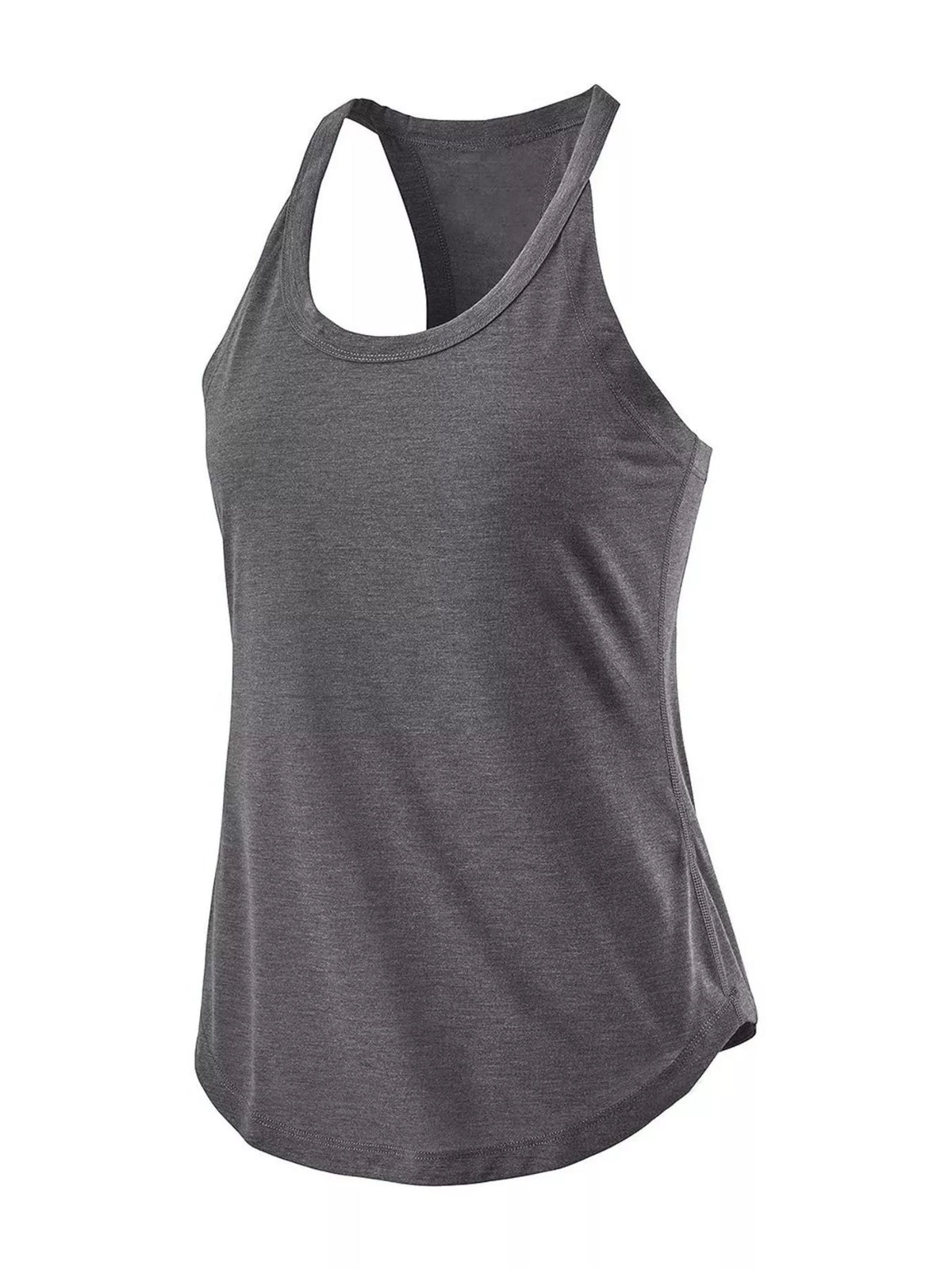 Close up of the round neckline on the polyester tank