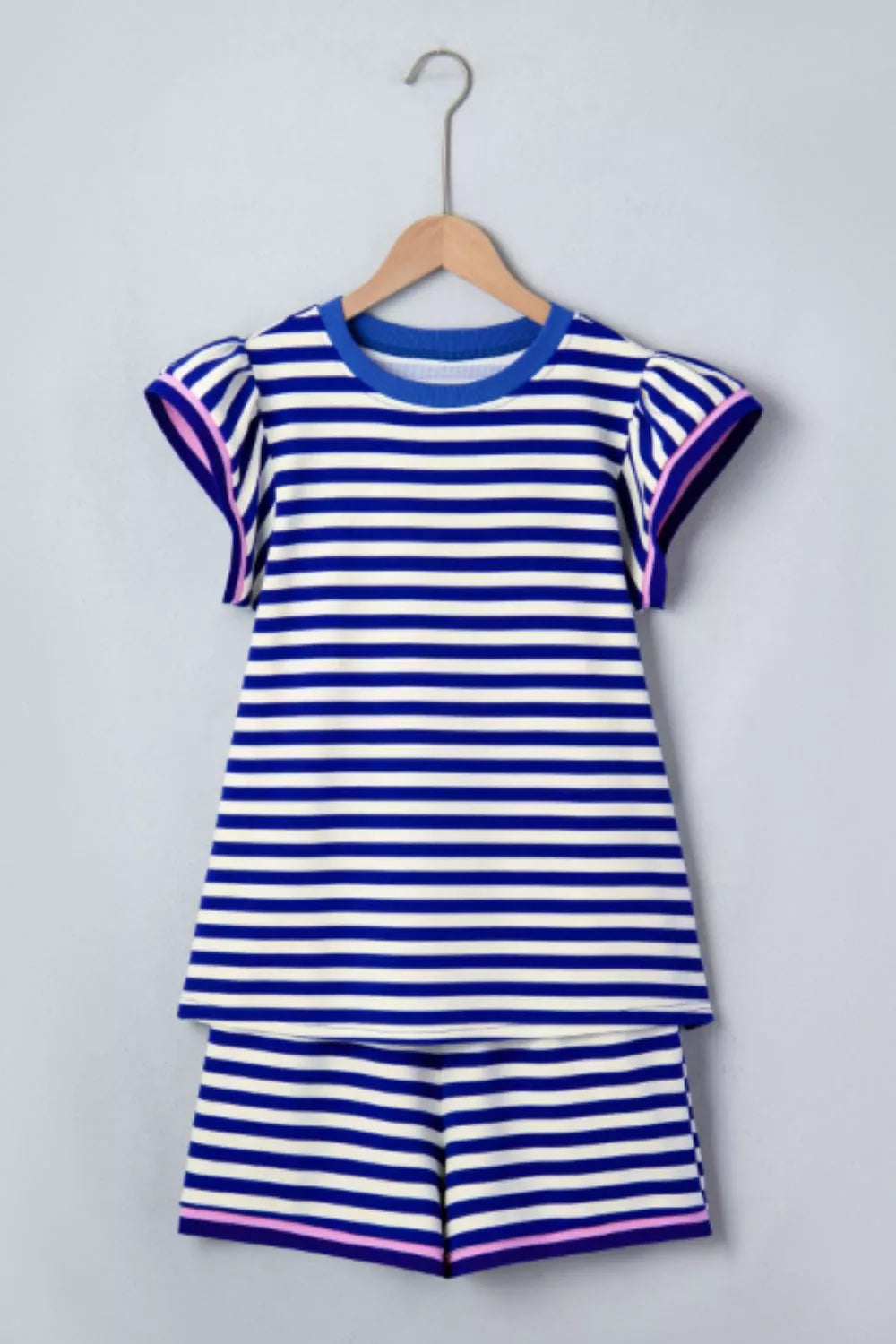 Striped ruffle sleeve two piece shorts set styled look