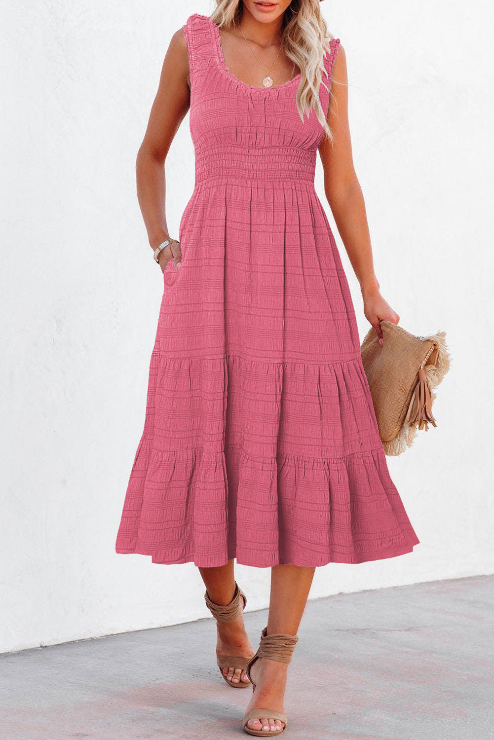 Sleeveless shirred midi dress side profile view