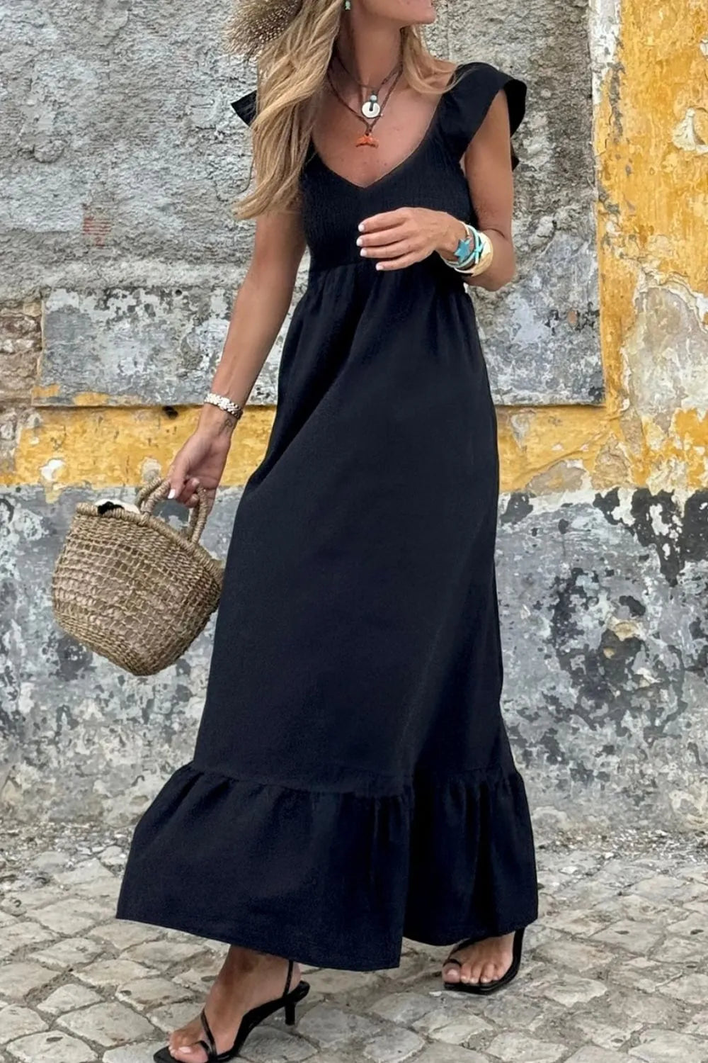 Cap sleeve smocked maxi dress bodice detail
