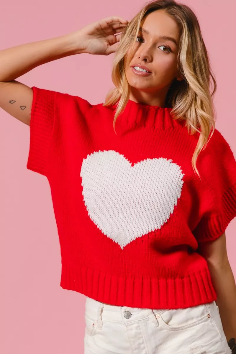 Heart Pattern Rib Banded Sweater in Red and Ivory back view