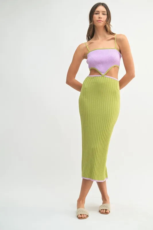 MABLE Ribbed Knit Color Block Cutout Midi Dress - Fashorio