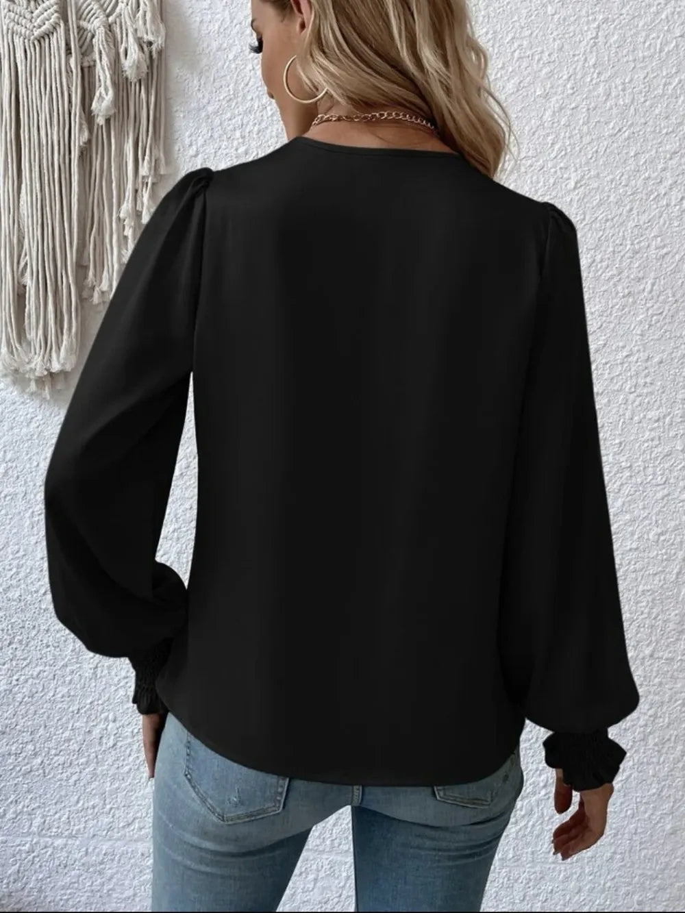 Surplice Smocked Lantern Sleeve Blouse - Fashorio