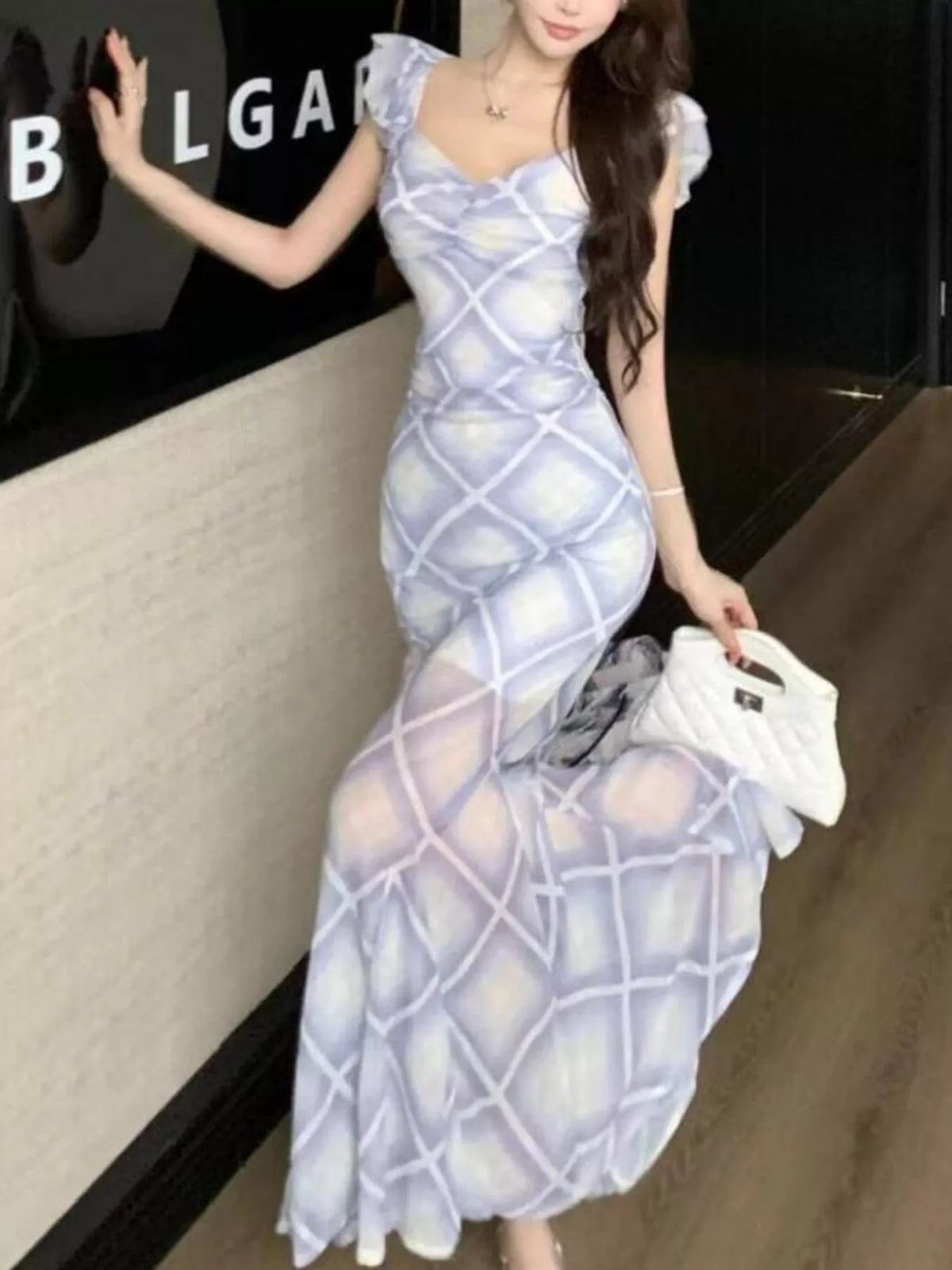 Plaid ruffle cap sleeve bodycon dress view 16