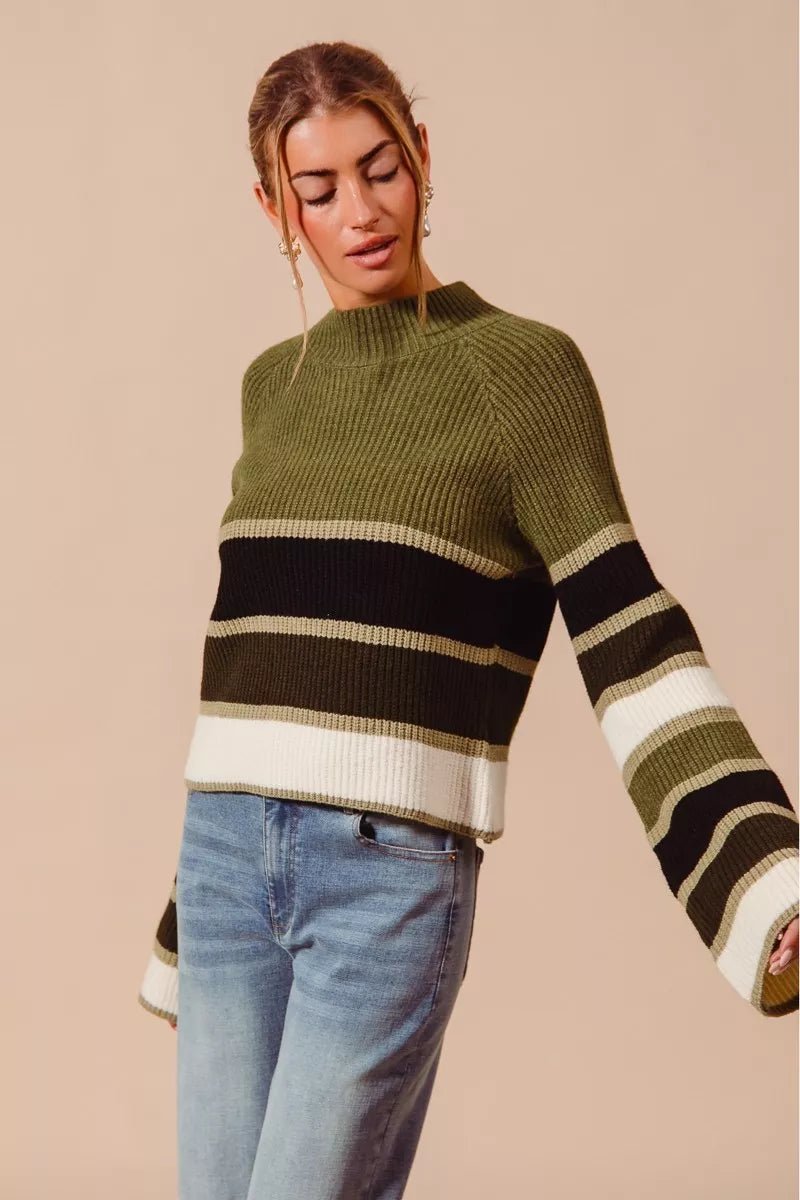 Multi Color Striped Mock Neck Sweater in Olive detail