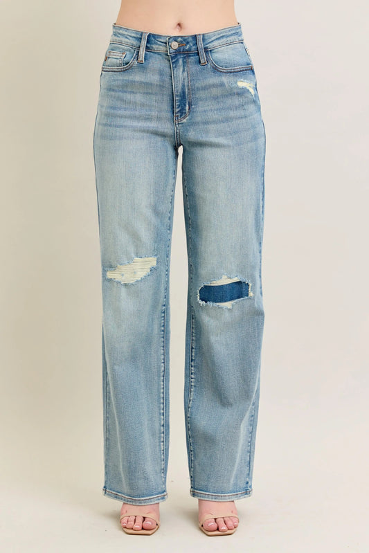 Judy Blue Full Size Hw Destroy & Knee Patch Straight Jeans Plus Size Medium - Fashorio