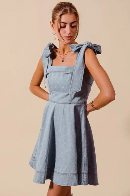SO ME A Line Fit and Flare Diamond Bow Ribbon Denim Dres - Fashorio