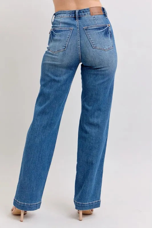 Back view of high waist straight leg denim