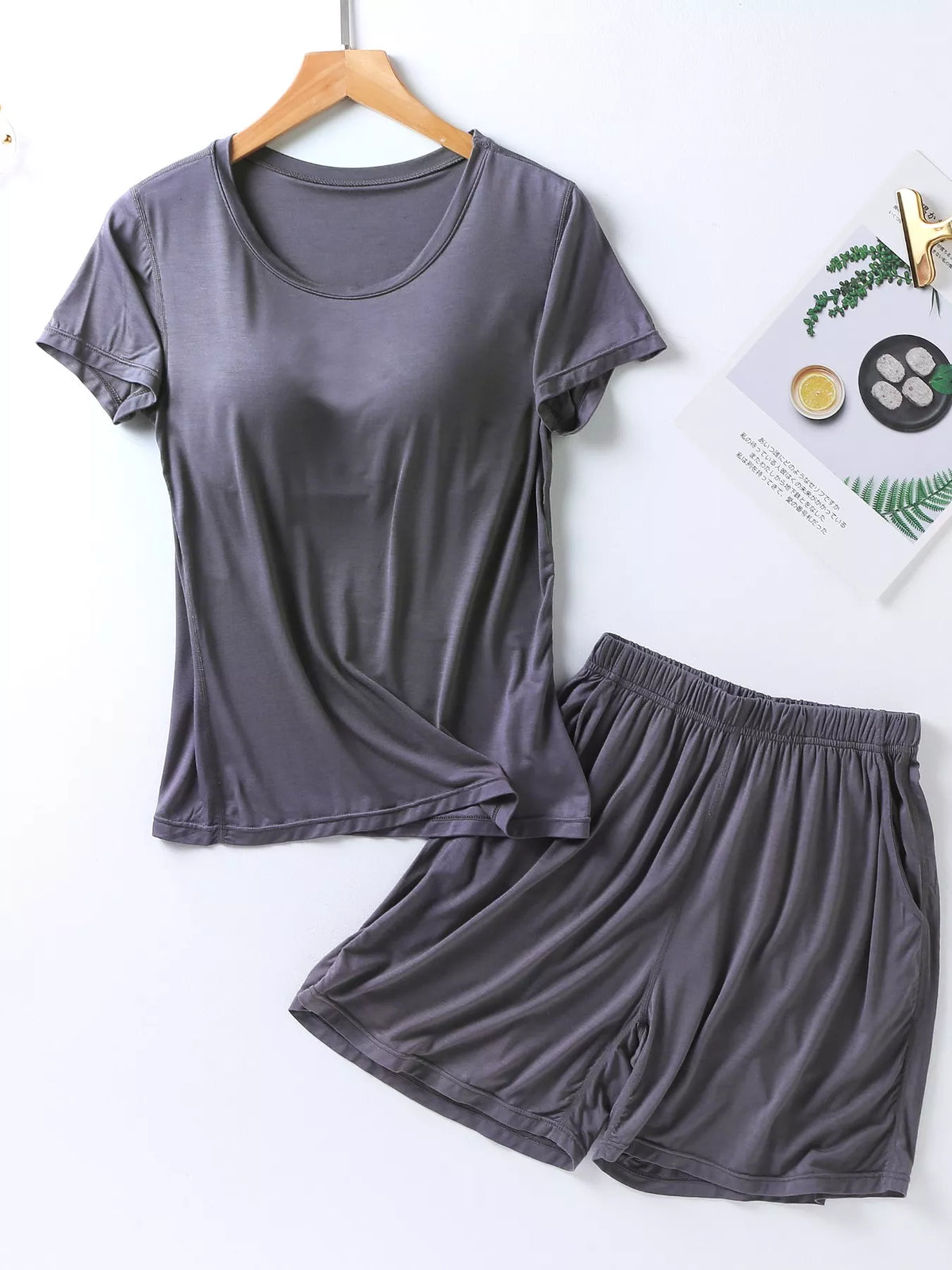 Plus size modal tee and shorts two piece set front view
