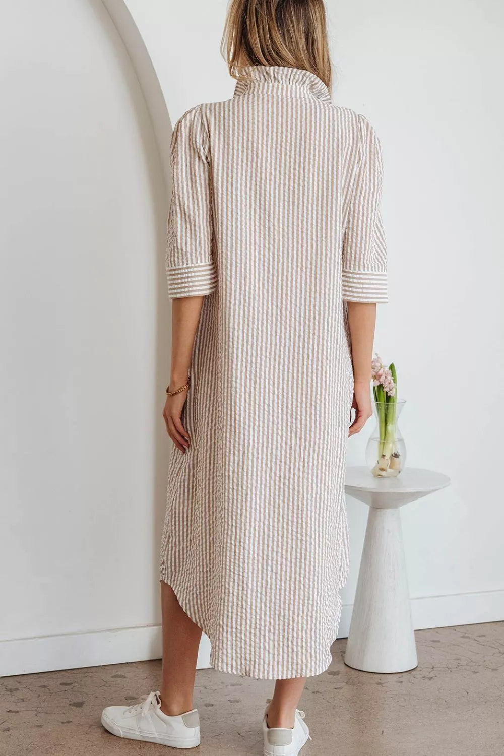 Frilled collar detail on striped dress