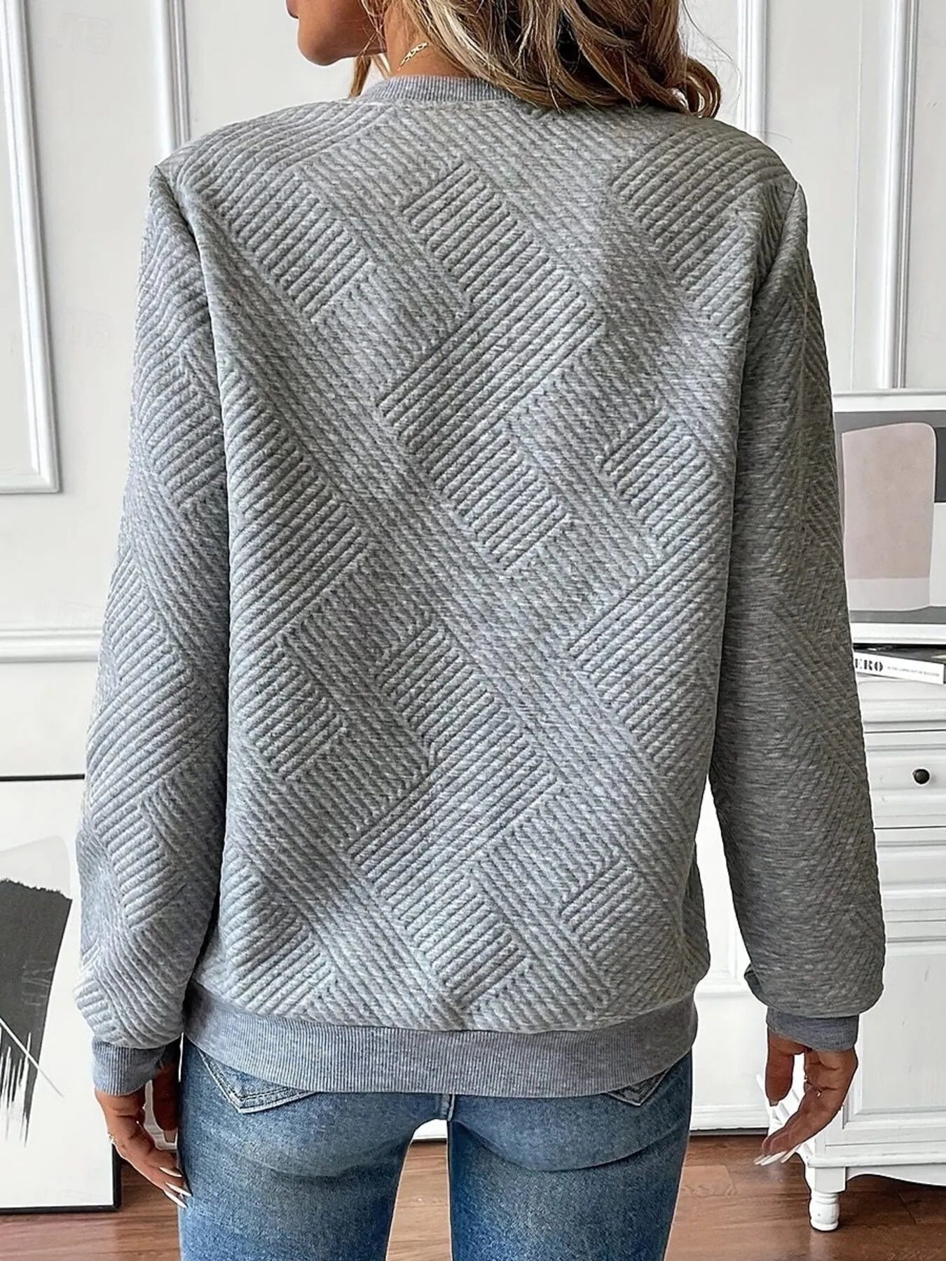 Quarter Zip Textured Long Sleeve Sweatshirt - Fashorio