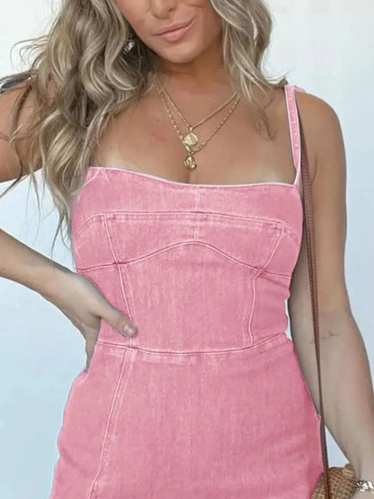 Full Size Slit Square Neck Denim Dress Plus Size - Fashorio