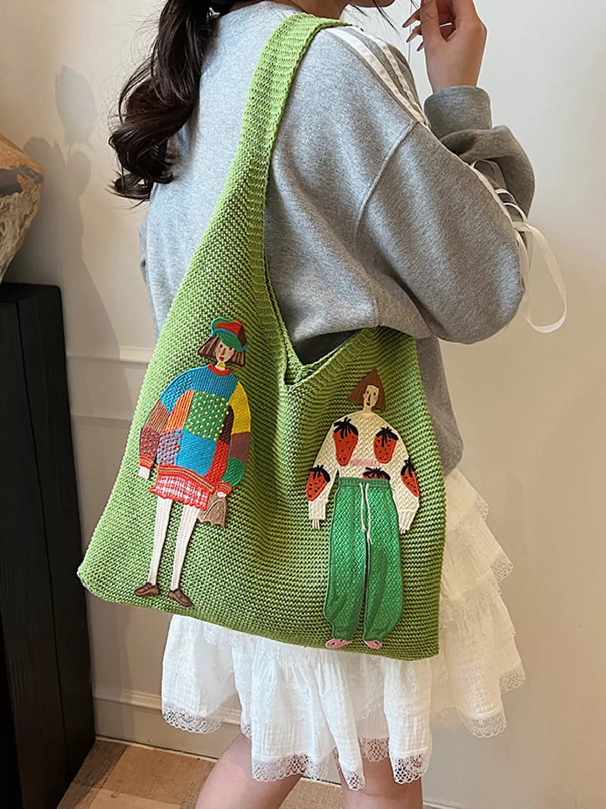 Back view of knitted embroidered bag
