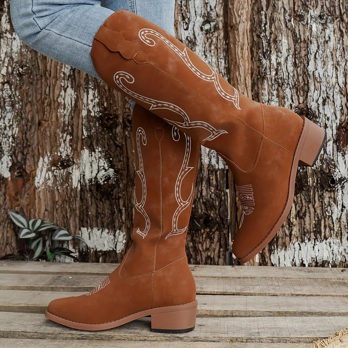 Embroidered round toe block heel boots toe detail