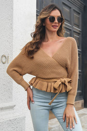 Tie Waist Ruffle Hem Sweater Camel - Fashorio