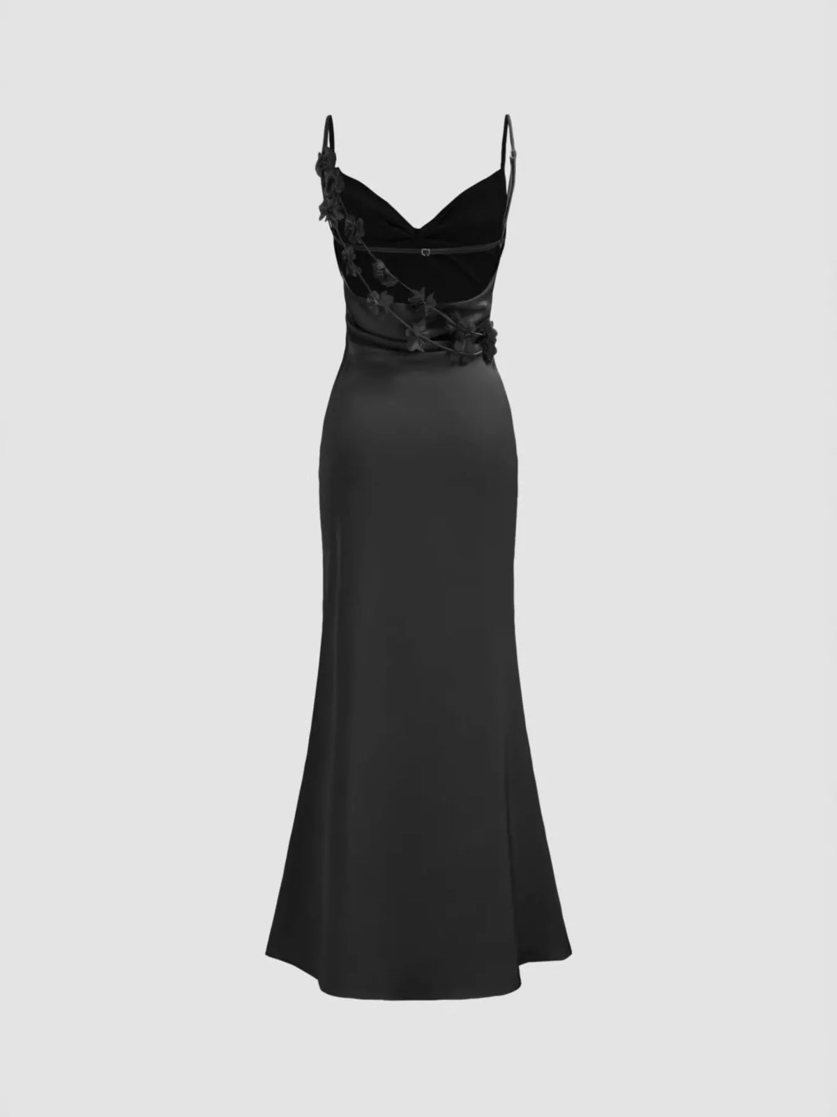 Cowl neckline drape detail of the satin dress