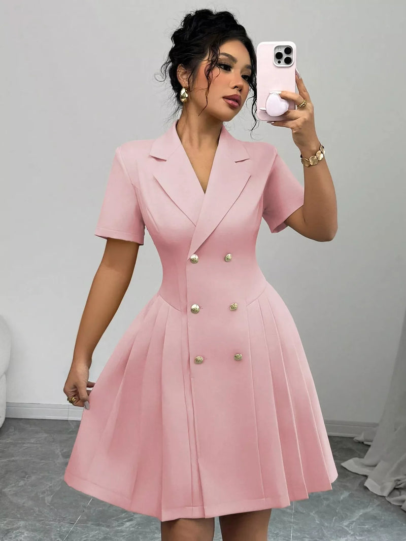 Double breasted pleated blazer dress front view