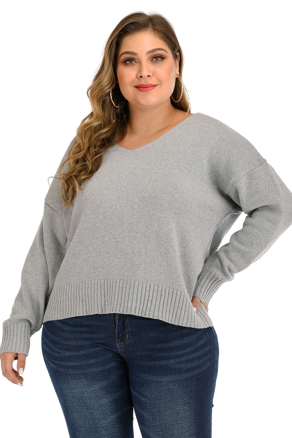 Plus Size V Neck Pullover Sweater - Fashorio