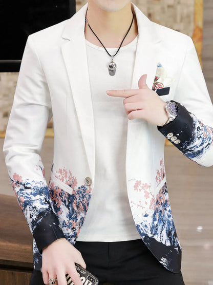 Men's Plus Size Printed One Button Long Sleeve Blazer White - Fashorio