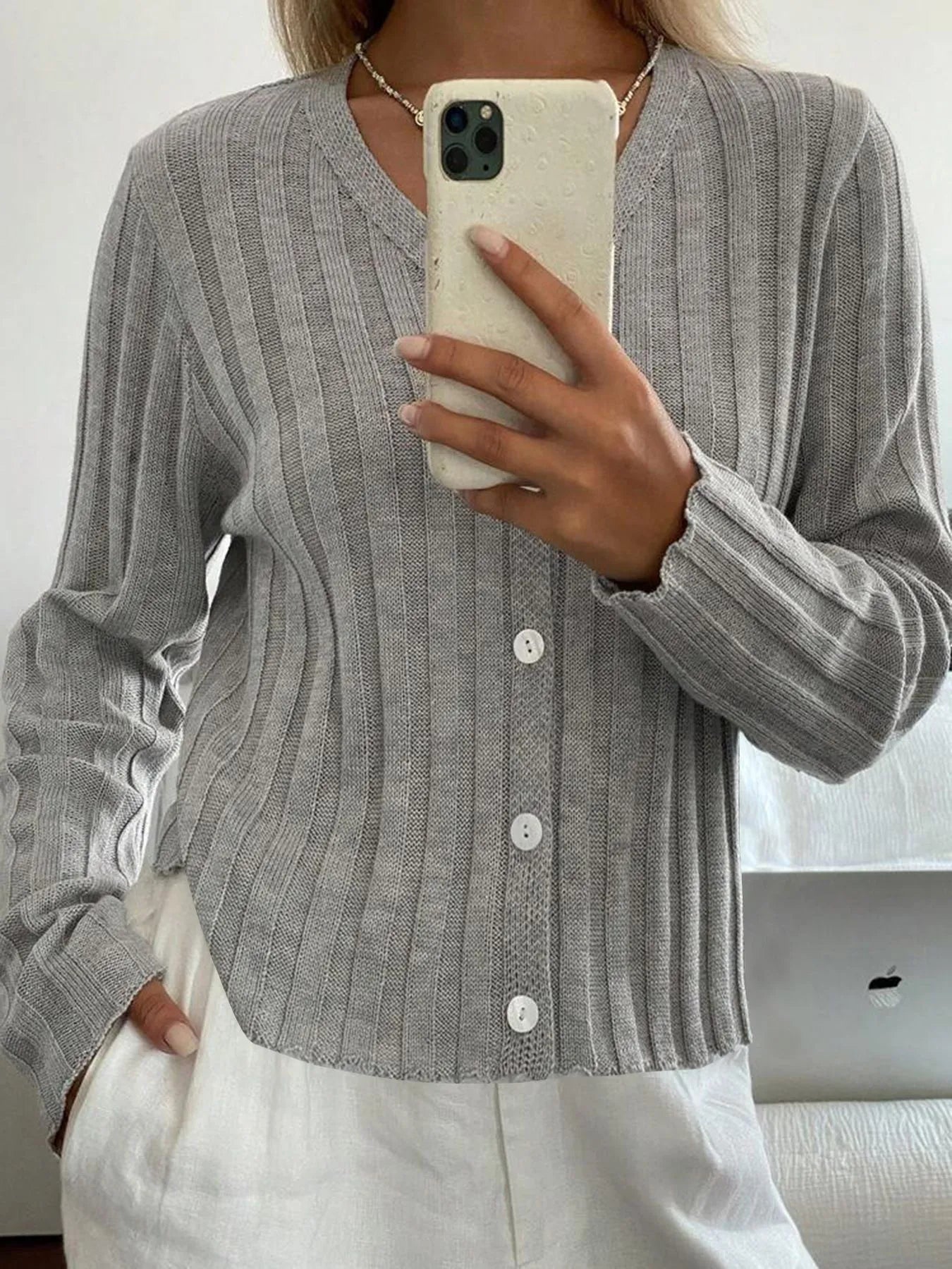 Ribbed Button-Up V-Neck Cardigan - Fashorio