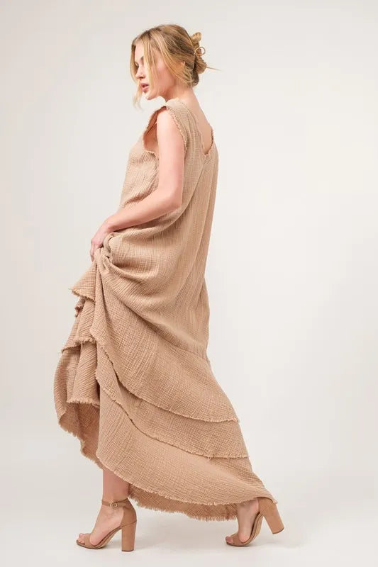 Washed Fringe Detail Tiered Dress on model