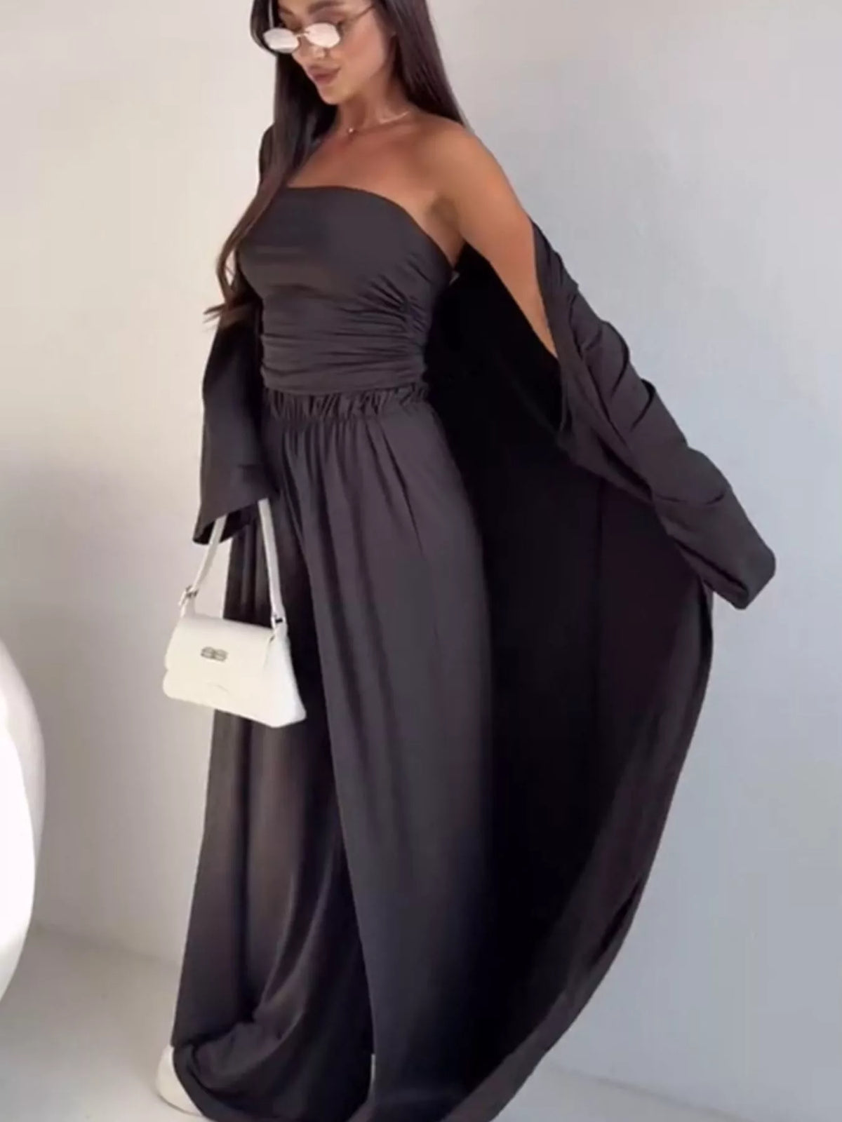 Tube Top Cardigan and Wide Leg Pants 3 Piece Set, view 8