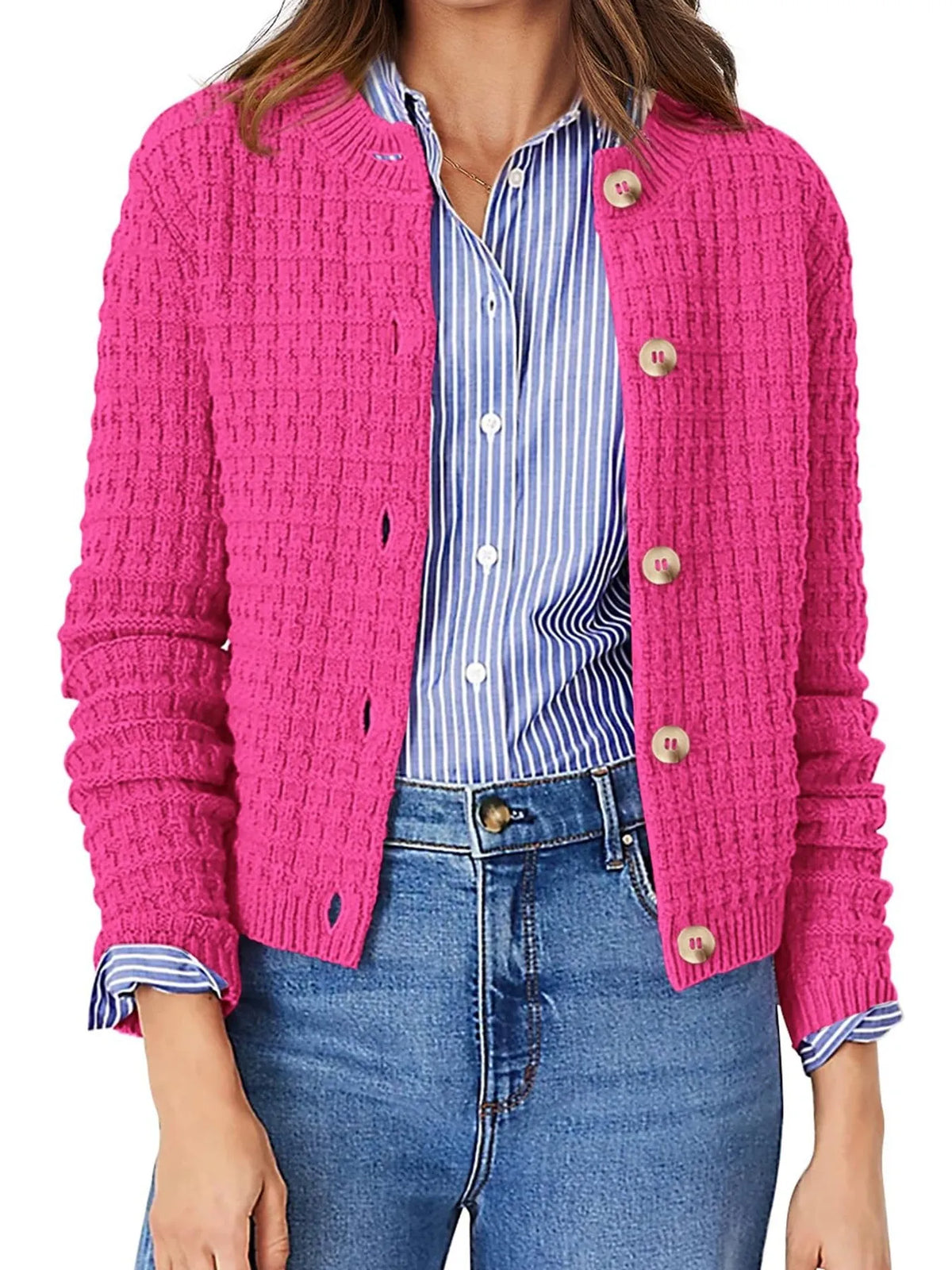 Textured knit button front cardigan, front styling detail