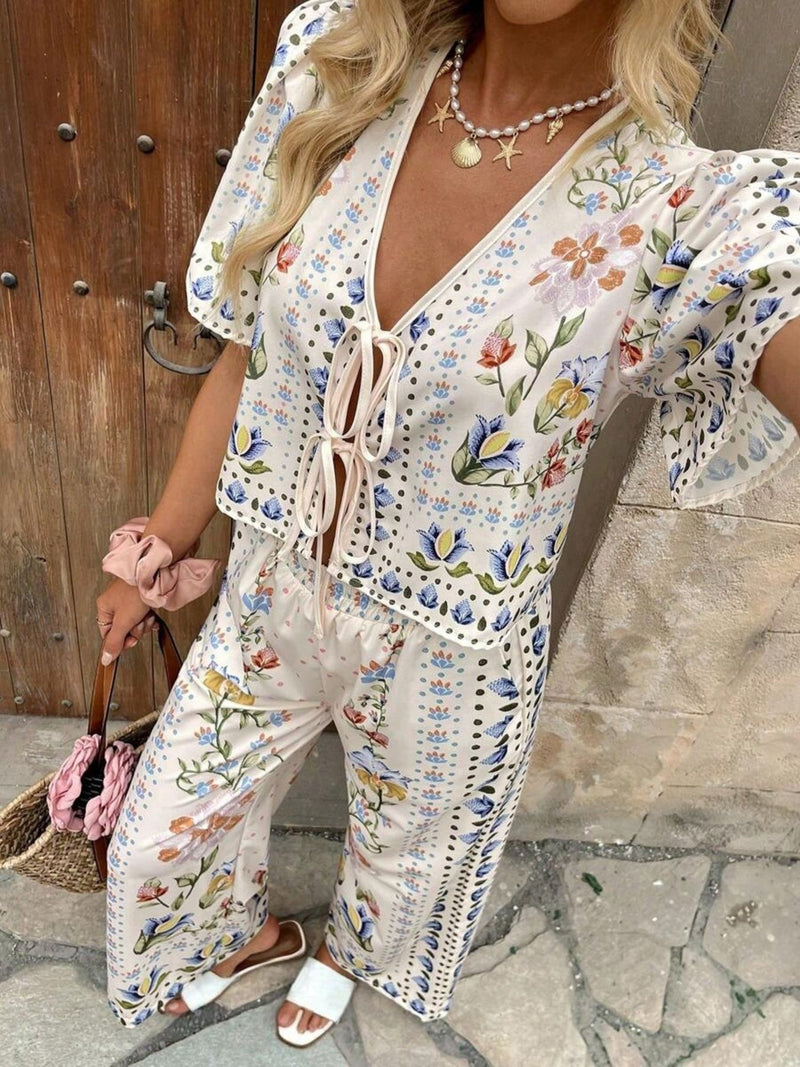 Floral tie front top and pants two piece set front view