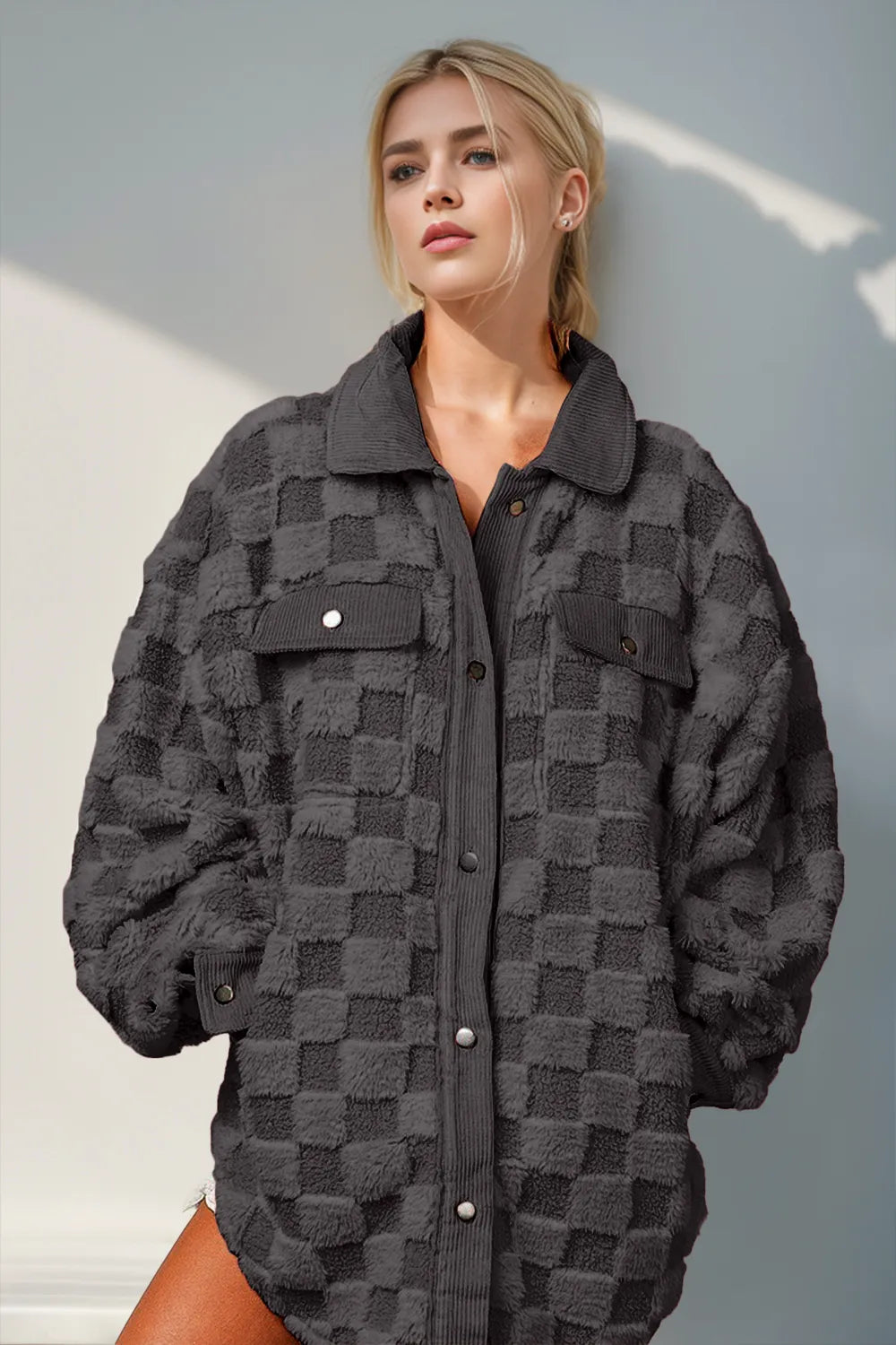 Double Take (Oh) Black / S Double Take Button Up Fuzzy Checkered Shacket